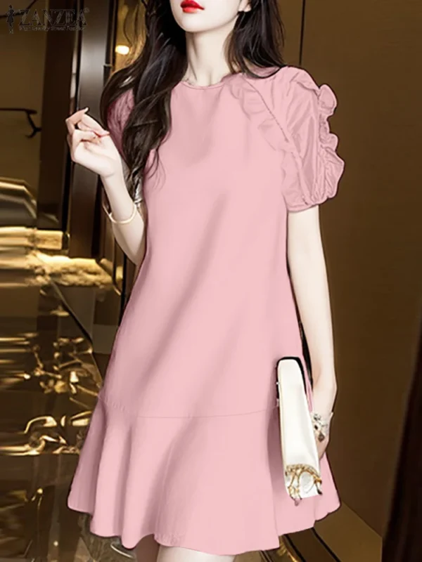 Vestido hasta la rodilla con volantes para mujer, vestido de manga corta de estilo coreano, Vestido corto liso elegante, Vestidos de fiesta con cuello redondo para verano 2025