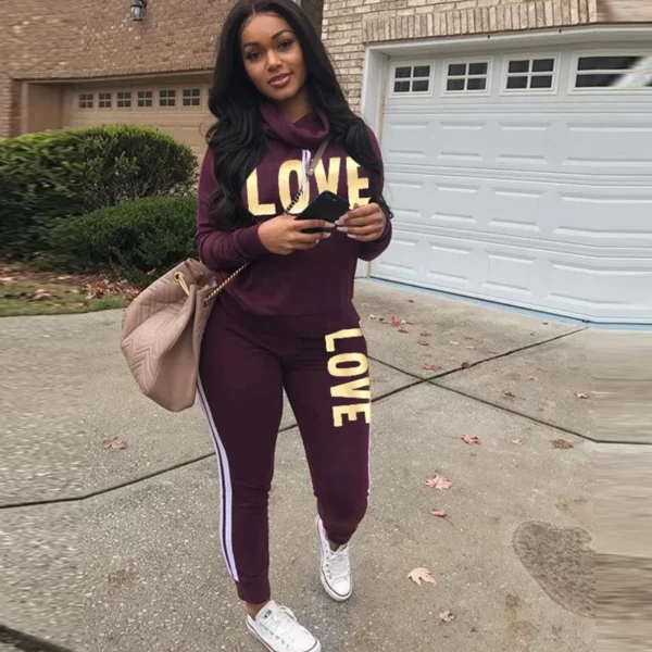 Conjunto de 2 piezas para mujer, sudadera con capucha de cuello alto con estampado de letras de amor, pantalones, chándal, ropa de calle de talla grande, traje informal 2022 - Imagen 6