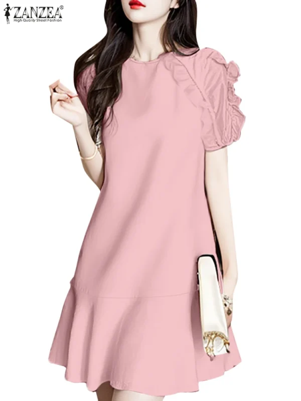 Vestido hasta la rodilla con volantes para mujer, vestido de manga corta de estilo coreano, Vestido corto liso elegante, Vestidos de fiesta con cuello redondo para verano 2025 - Imagen 4
