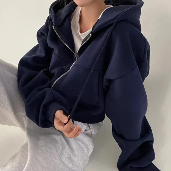 Sudadera con capucha Mujer  primavera otoño nuevo Insfleece-forrado versátil recortado Slims suaviza silueta con cremallera cálido azul marino - Imagen 3
