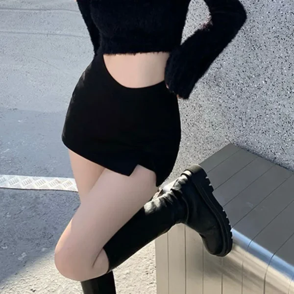 Minifaldas negras con abertura para mujer, falda Sexy de verano para discoteca, falda con abertura de cintura alta, ropa de calle, moda de fiesta coreana, falda acampanada ajustada Irregular - Imagen 6