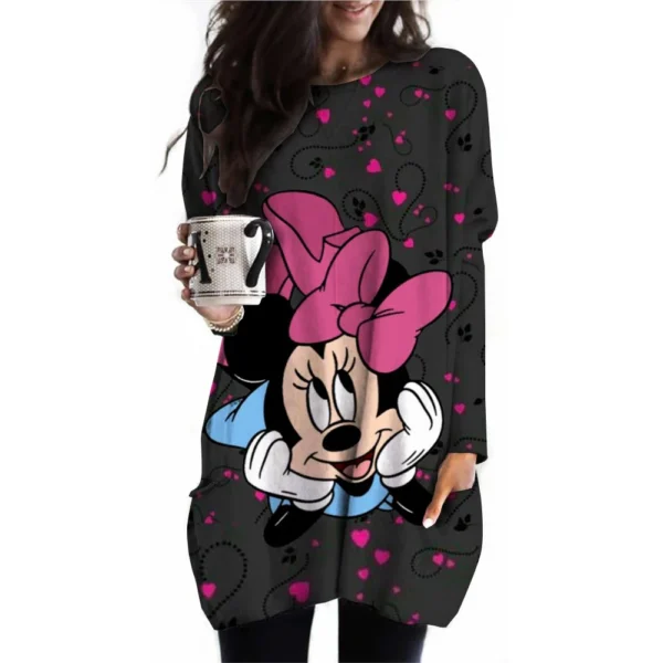 Camiseta para mujer, camiseta con estampado de Mickey Mouse de Disney, nueva camiseta informal de manga larga con bolsillo para mujer, camisetas Vintage para mujer - Imagen 5