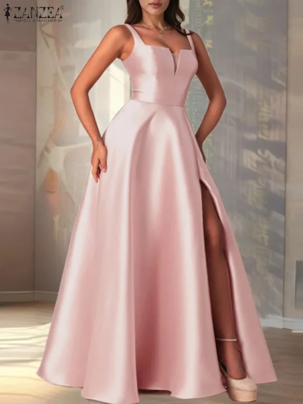 Vestidos de fiesta divididos mujeres elegante vestido largo de satén moda Clubbing vestido veraniego cuello cuadrado Maxi bata ZANZEA elegante sin mangas - Imagen 2
