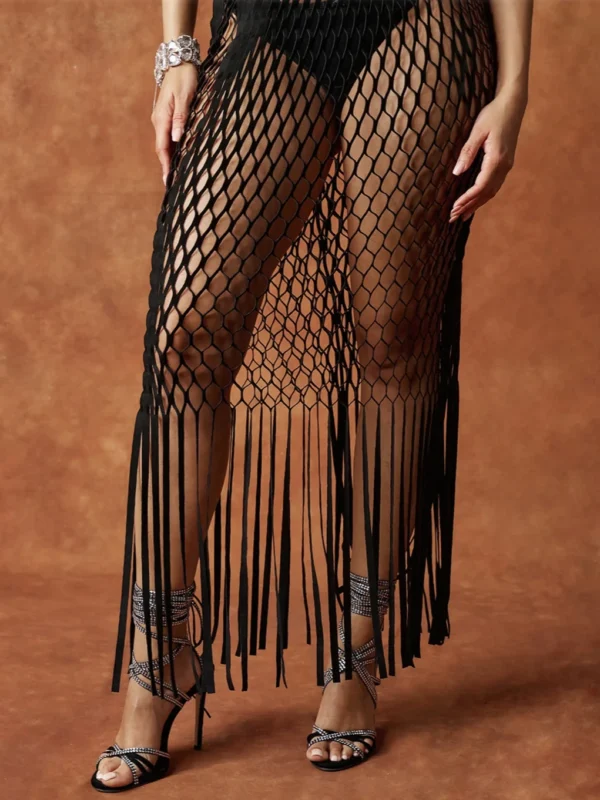 Falda larga calada de rejilla para mujer, ropa de playa Sexy, faldas elegantes con borlas, vestido de fiesta para vacaciones, novedad de 2025 - Imagen 5