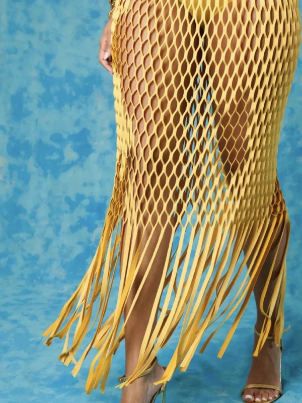 Falda larga calada de rejilla para mujer, ropa de playa Sexy, faldas elegantes con borlas, vestido de fiesta para vacaciones, novedad de 2025 - Imagen 2