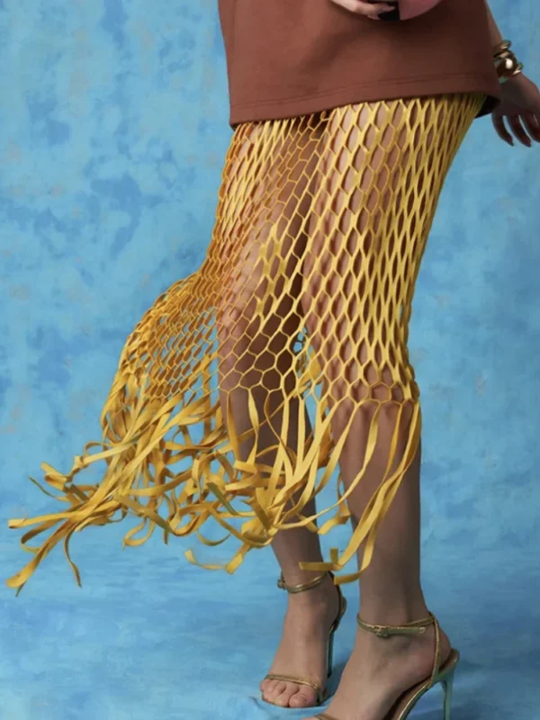Falda larga calada de rejilla para mujer, ropa de playa Sexy, faldas elegantes con borlas, vestido de fiesta para vacaciones, novedad de 2025 - Imagen 3