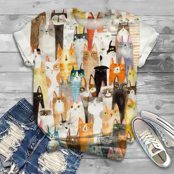 Camiseta con estampado 3d de perro y gato encantador para mujer, camisetas informales de manga corta de gran tamaño a la moda, camisetas, ropa nueva - Imagen 7