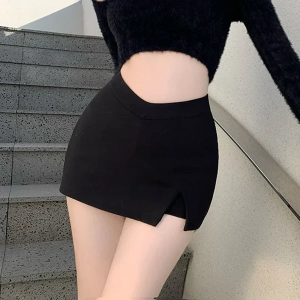 Minifaldas negras con abertura para mujer, falda Sexy de verano para discoteca, falda con abertura de cintura alta, ropa de calle, moda de fiesta coreana, falda acampanada ajustada Irregular - Imagen 4