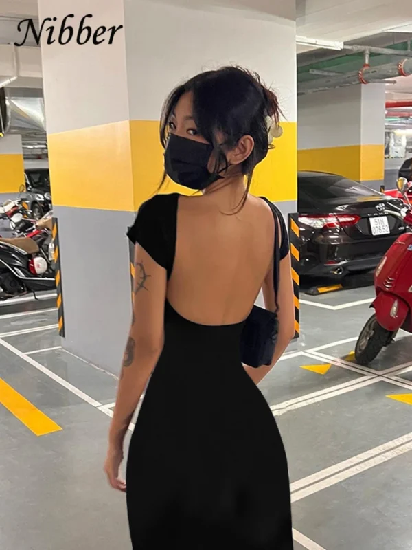 Vestido largo liso con espalda descubierta para mujer, ropa de calle Sexy, elegante, elástico, ajustado, manga corta - Imagen 2
