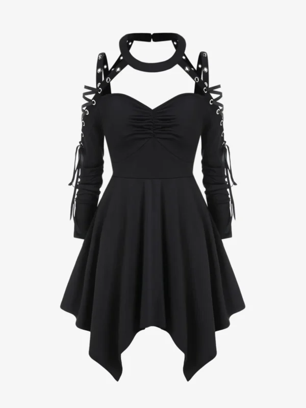 ROSEGAL-ropa asimétrica gótica para mujer, Tops largos, Gargantilla, vestido recortado con cordones, camisetas negras de doble uso, talla grande - Imagen 8