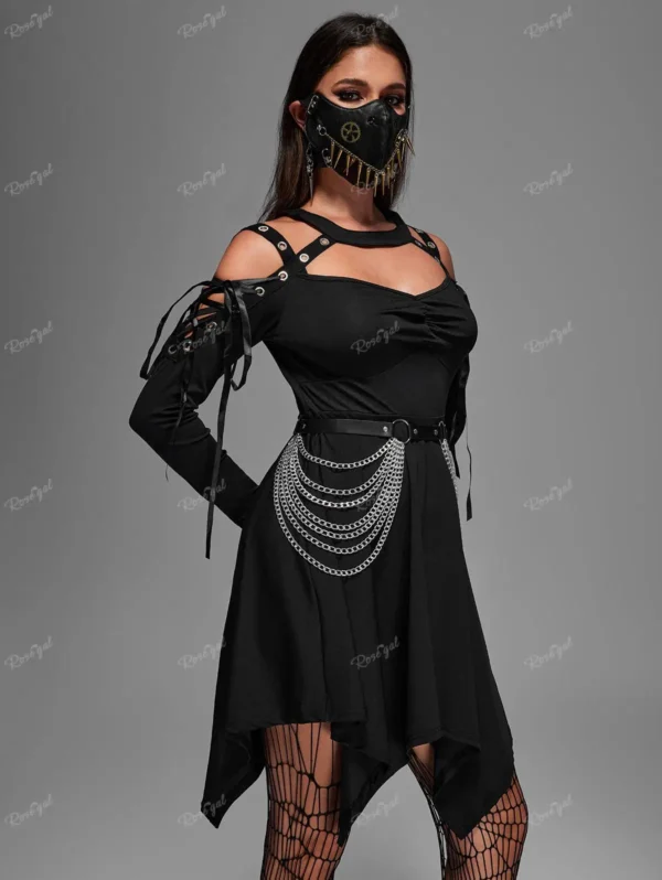 ROSEGAL-ropa asimétrica gótica para mujer, Tops largos, Gargantilla, vestido recortado con cordones, camisetas negras de doble uso, talla grande - Imagen 3