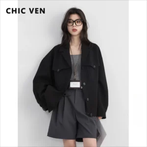 CHIC VEN-ropa de calle para mujer, chaquetas informales holgadas de color negro liso, abrigo corto de un solo pecho para mujer, primavera y otoño 2025
