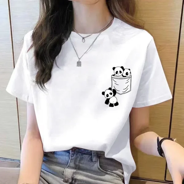 Top de manga corta para mujer, novedad de verano, Camiseta con estampado de dibujos animados de Panda de bolsillo, Tops de moda coreana para mujer, camiseta holgada con cuello redondo para mujer - Imagen 5