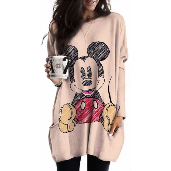 Camiseta para mujer, camiseta con estampado de Mickey Mouse de Disney, nueva camiseta informal de manga larga con bolsillo para mujer, camisetas Vintage para mujer - Imagen 6