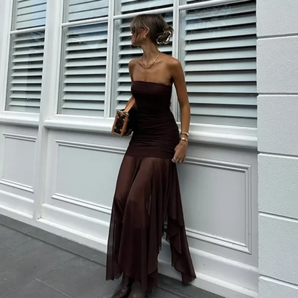 Vestido largo de tubo de malla para mujer, vestido largo Sexy plisado ajustado de retazos marrón, Vestidos de noche de fiesta Vintage, Vestidos 2025 - Imagen 4