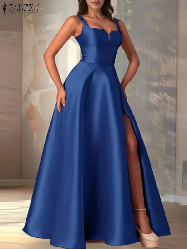 Vestidos de fiesta divididos mujeres elegante vestido largo de satén moda Clubbing vestido veraniego cuello cuadrado Maxi bata ZANZEA elegante sin mangas - Imagen 3