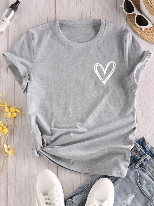 Camiseta con estampado de corazones, camiseta de manga corta con cuello redondo, camisetas informales para todos los días, ropa de mujer - Imagen 4