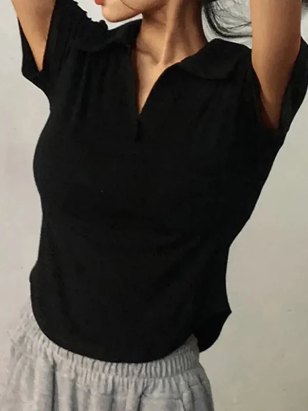 Top de manga corta con solapa para mujer, jerséis sólidos con cuello en V, camisas dulces Retro, Top corto para niña, camiseta versátil delgada para mujer - Imagen 2