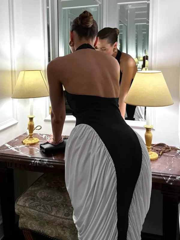 Vestido Midi elegante con cuello Halter en blanco y negro para mujer, vestido drapeado Sexy sin espalda sin mangas para vacaciones y fiesta de noche 2025 - Imagen 6
