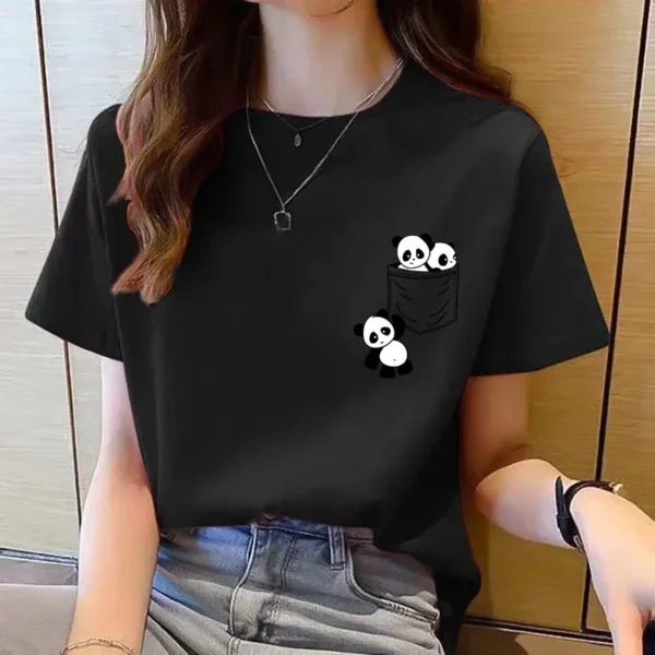Top de manga corta para mujer, novedad de verano, Camiseta con estampado de dibujos animados de Panda de bolsillo, Tops de moda coreana para mujer, camiseta holgada con cuello redondo para mujer - Imagen 2