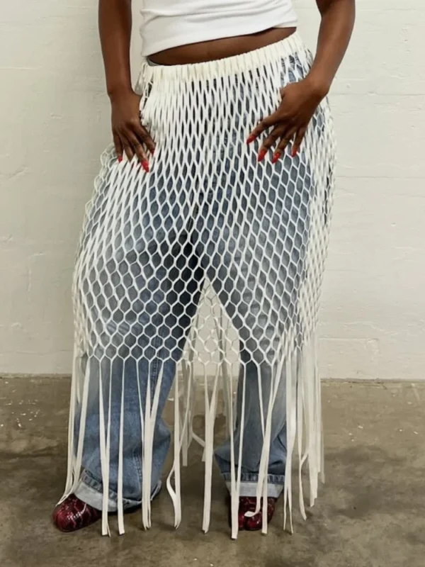 Falda larga calada de rejilla para mujer, ropa de playa Sexy, faldas elegantes con borlas, vestido de fiesta para vacaciones, novedad de 2025 - Imagen 6