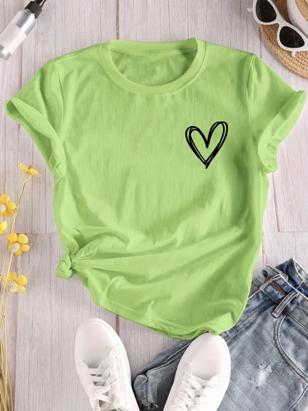 Camiseta con estampado de corazones, camiseta de manga corta con cuello redondo, camisetas informales para todos los días, ropa de mujer - Imagen 3