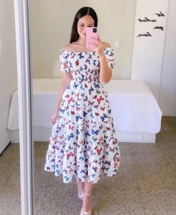 Vestido Midi elegante con hombros descubiertos para mujer, vestidos de moda de verano 2024, vestido de manga corta con estampado de flores de cintura alta, ropa - Imagen 11