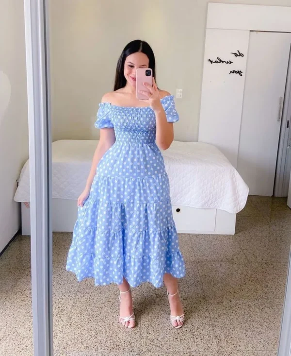 Vestido Midi elegante con hombros descubiertos para mujer, vestidos de moda de verano 2024, vestido de manga corta con estampado de flores de cintura alta, ropa - Imagen 5