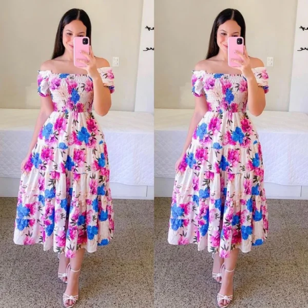 Vestido Midi elegante con hombros descubiertos para mujer, vestidos de moda de verano 2024, vestido de manga corta con estampado de flores de cintura alta, ropa