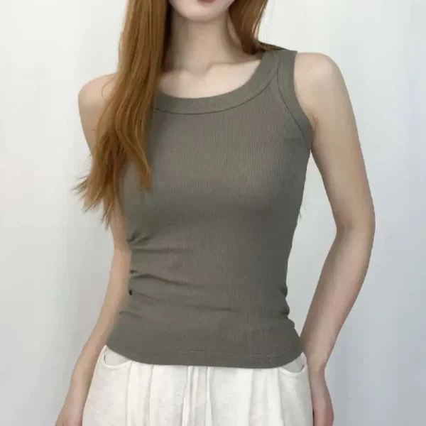 Camiseta sin mangas acanalada con cuello redondo liso para mujer, camisas elásticas básicas de verano, chaleco deportivo informal con hombros descubiertos - Imagen 3