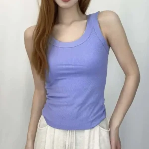 Camiseta sin mangas acanalada con cuello redondo liso para mujer, camisas elásticas básicas de verano, chaleco deportivo informal con hombros descubiertos