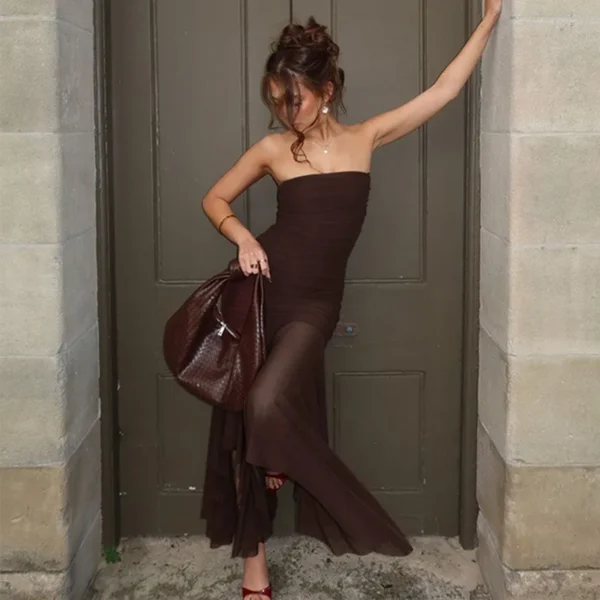 Vestido largo de tubo de malla para mujer, vestido largo Sexy plisado ajustado de retazos marrón, Vestidos de noche de fiesta Vintage, Vestidos 2025 - Imagen 5