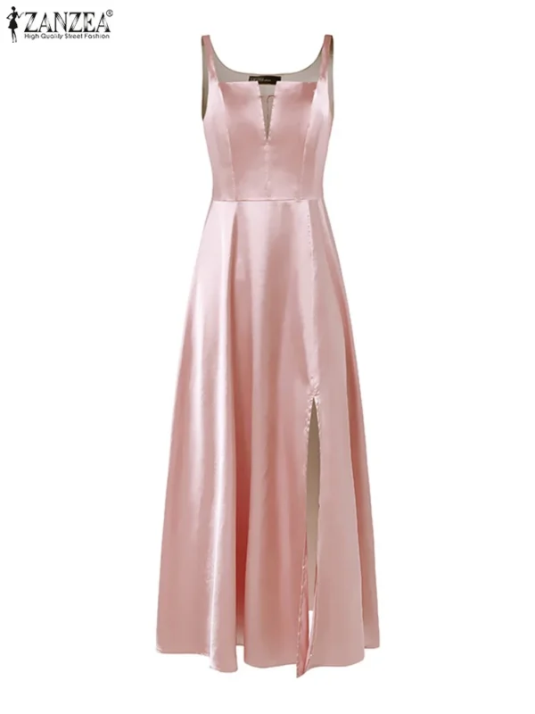 Vestidos de fiesta divididos mujeres elegante vestido largo de satén moda Clubbing vestido veraniego cuello cuadrado Maxi bata ZANZEA elegante sin mangas - Imagen 4
