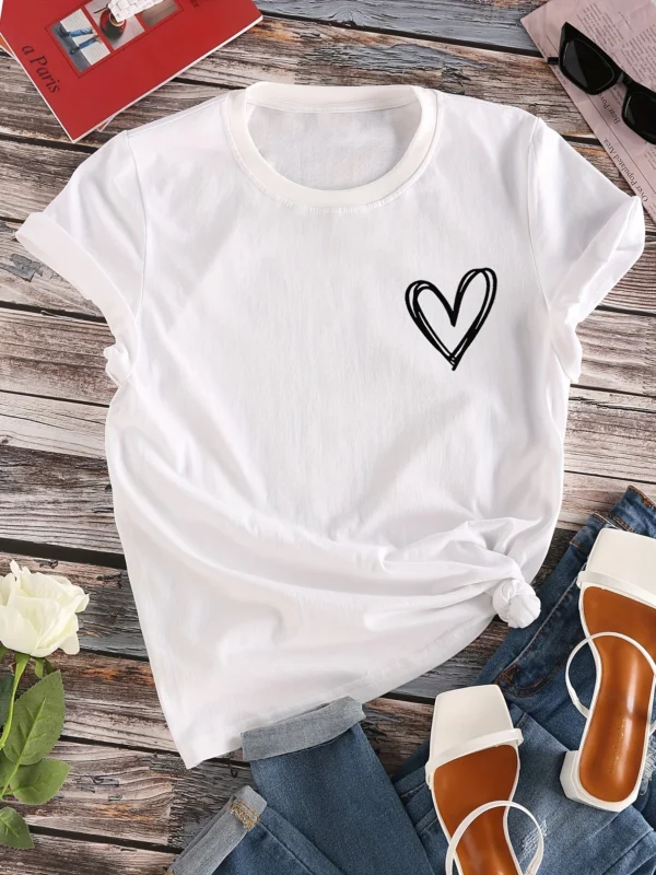 Camiseta con estampado de corazones, camiseta de manga corta con cuello redondo, camisetas informales para todos los días, ropa de mujer - Imagen 6