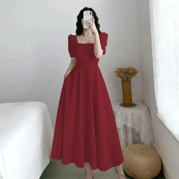 Vestido blanco ajustado para mujer, manga de burbuja, cuello cuadrado, estilo viento ligero, falda larga informal de verano, estilo coreano - Imagen 2
