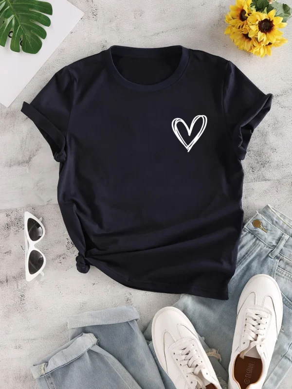 Camiseta con estampado de corazones, camiseta de manga corta con cuello redondo, camisetas informales para todos los días, ropa de mujer - Imagen 2