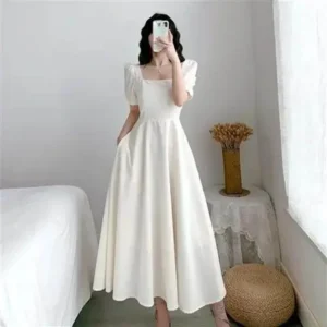 Vestido blanco ajustado para mujer, manga de burbuja, cuello cuadrado, estilo viento ligero, falda larga informal de verano, estilo coreano