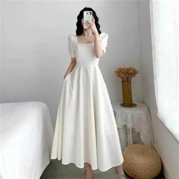Vestido blanco ajustado para mujer, manga de burbuja, cuello cuadrado, estilo viento ligero, falda larga informal de verano, estilo coreano