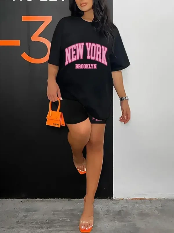 Conjunto de dos piezas de moda , pantalón corto informal, camiseta de manga y pantalones cortos con cordón, camisetas, ropa para mujer - Imagen 3