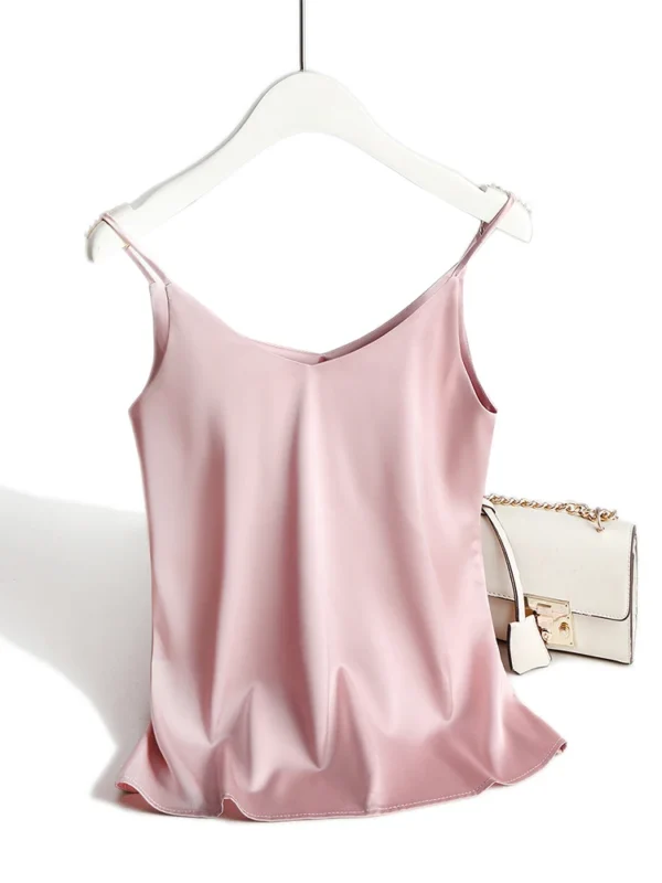 Top con tirantes finos para mujer, camisola básica blanca con cuello Halter, camisetas sin mangas de seda satinada, camisola de verano para mujer - Imagen 9