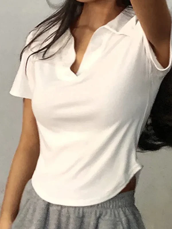 Top de manga corta con solapa para mujer, jerséis sólidos con cuello en V, camisas dulces Retro, Top corto para niña, camiseta versátil delgada para mujer - Imagen 4