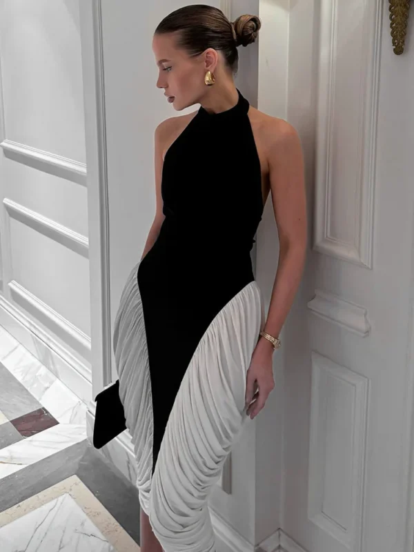Vestido Midi elegante con cuello Halter en blanco y negro para mujer, vestido drapeado Sexy sin espalda sin mangas para vacaciones y fiesta de noche 2025