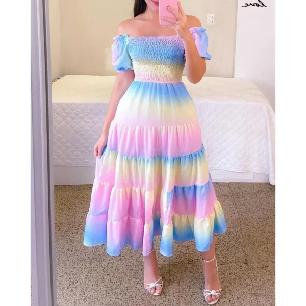 Vestido Midi elegante con hombros descubiertos para mujer, vestidos de moda de verano 2024, vestido de manga corta con estampado de flores de cintura alta, ropa - Imagen 8