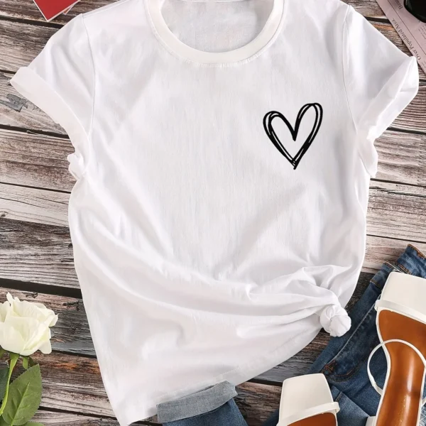 Camiseta con estampado de corazones, camiseta de manga corta con cuello redondo, camisetas informales para todos los días, ropa de mujer - Imagen 12