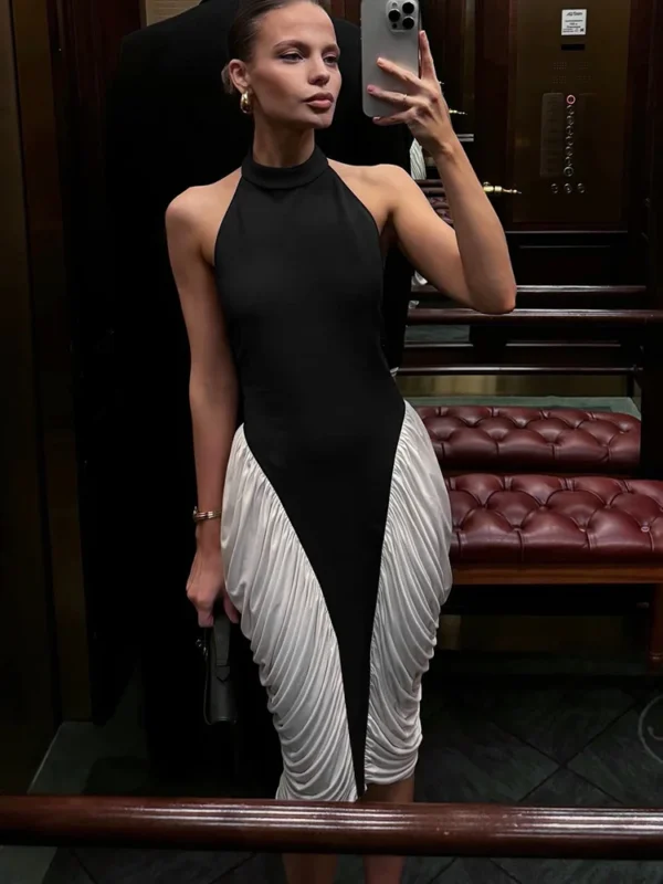 Vestido Midi elegante con cuello Halter en blanco y negro para mujer, vestido drapeado Sexy sin espalda sin mangas para vacaciones y fiesta de noche 2025 - Imagen 4