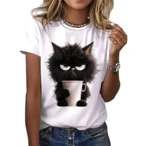 Camiseta con estampado blanco de gato divertido para mujer, pantalón corto informal de manga corta con cuello redondo para verano, ropa de animales para mujer