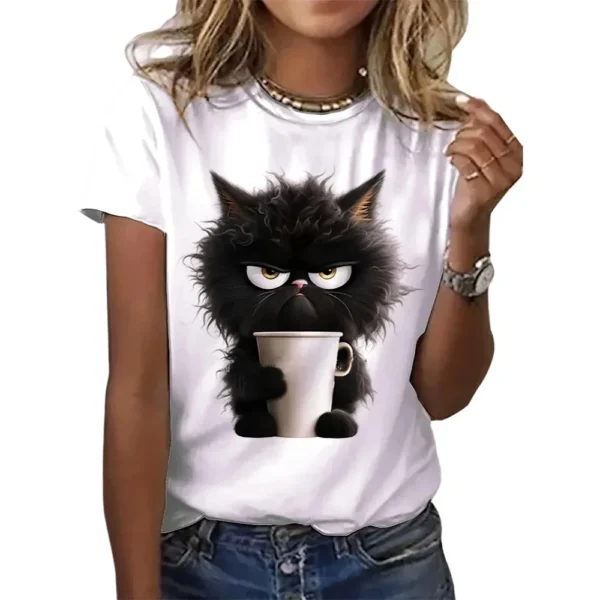Camiseta con estampado blanco de gato divertido para mujer, pantalón corto informal de manga corta con cuello redondo para verano, ropa de animales para mujer