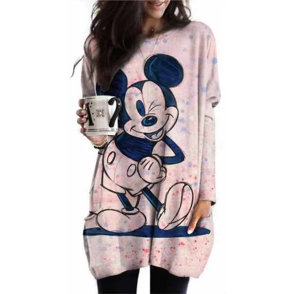 Camiseta para mujer, camiseta con estampado de Mickey Mouse de Disney, nueva camiseta informal de manga larga con bolsillo para mujer, camisetas Vintage para mujer - Imagen 2