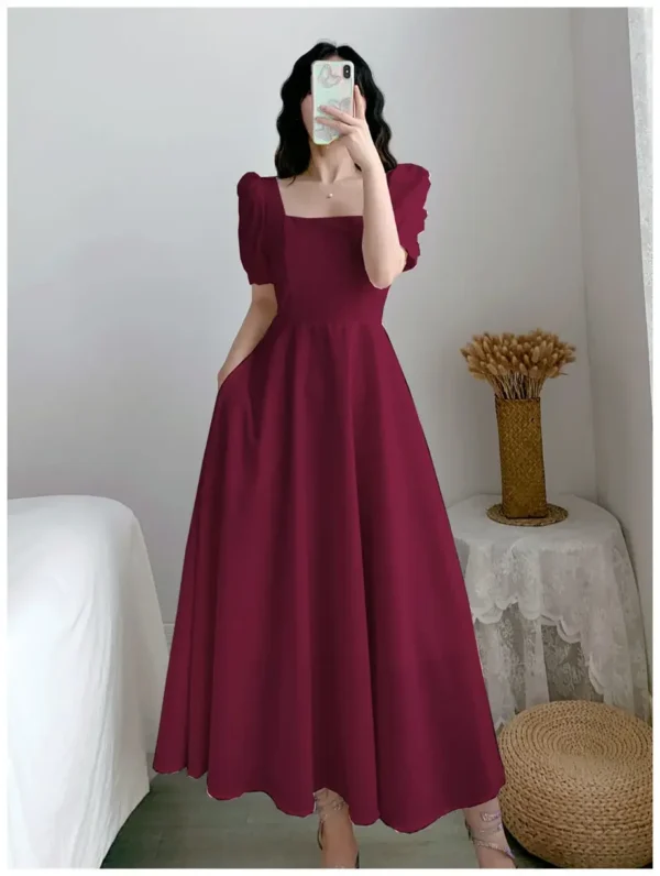 Vestido blanco ajustado para mujer, manga de burbuja, cuello cuadrado, estilo viento ligero, falda larga informal de verano, estilo coreano - Imagen 5