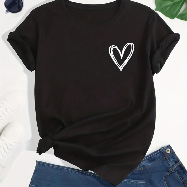 Camiseta con estampado de corazones, camiseta de manga corta con cuello redondo, camisetas informales para todos los días, ropa de mujer - Imagen 8